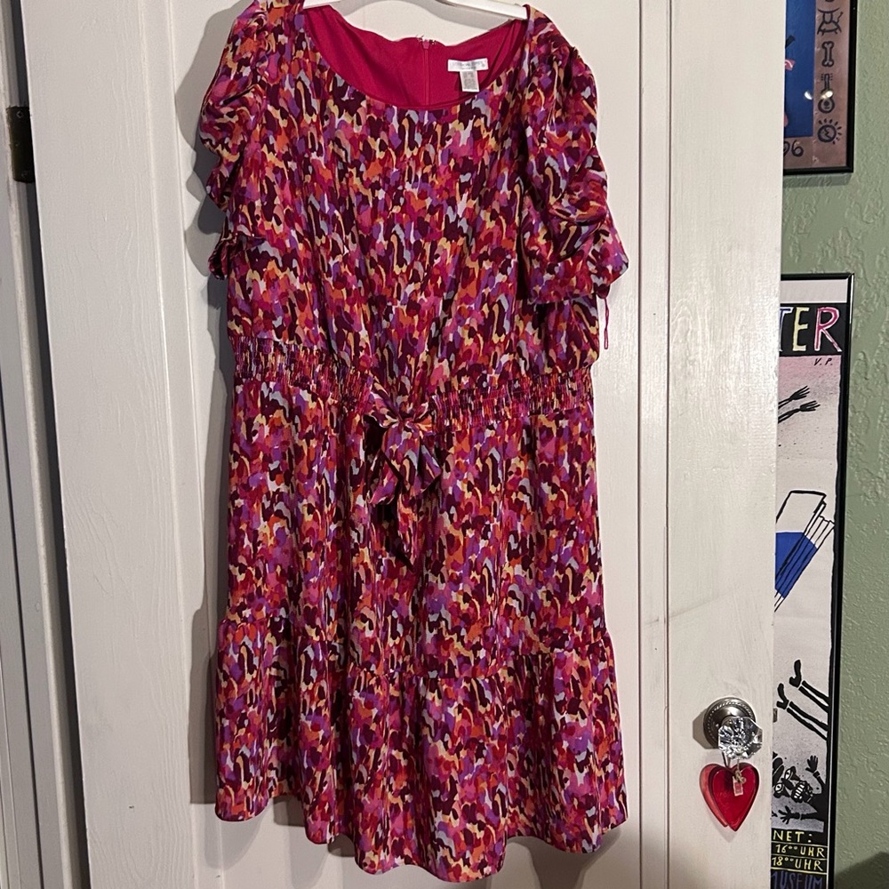 London Times Vibrant Pink Short Sleeve Plus size 20W Dress elastic smock waist